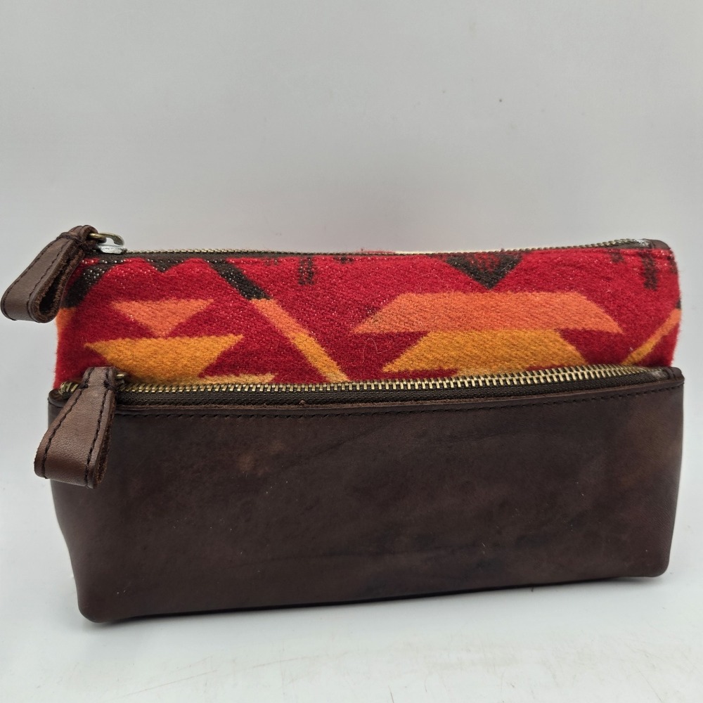 Pendleton Aztec Southwestern Leather Wool Zip Pouch Bag Organizer Travel Kit Red